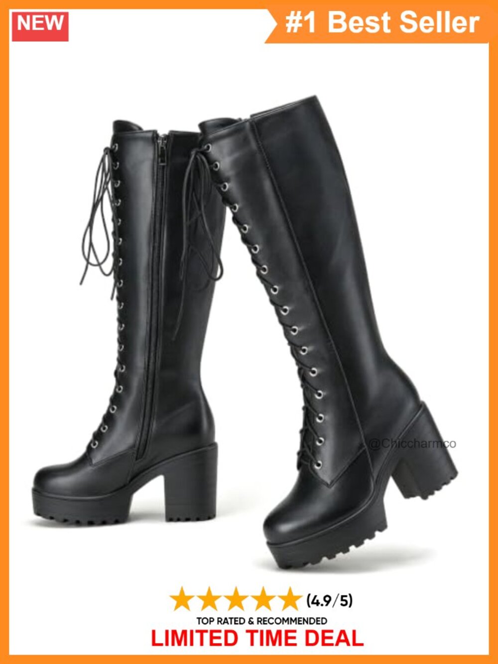 SeiteHuud Women's Knee High Combat Boots Lace Up Platform Gothic Boots